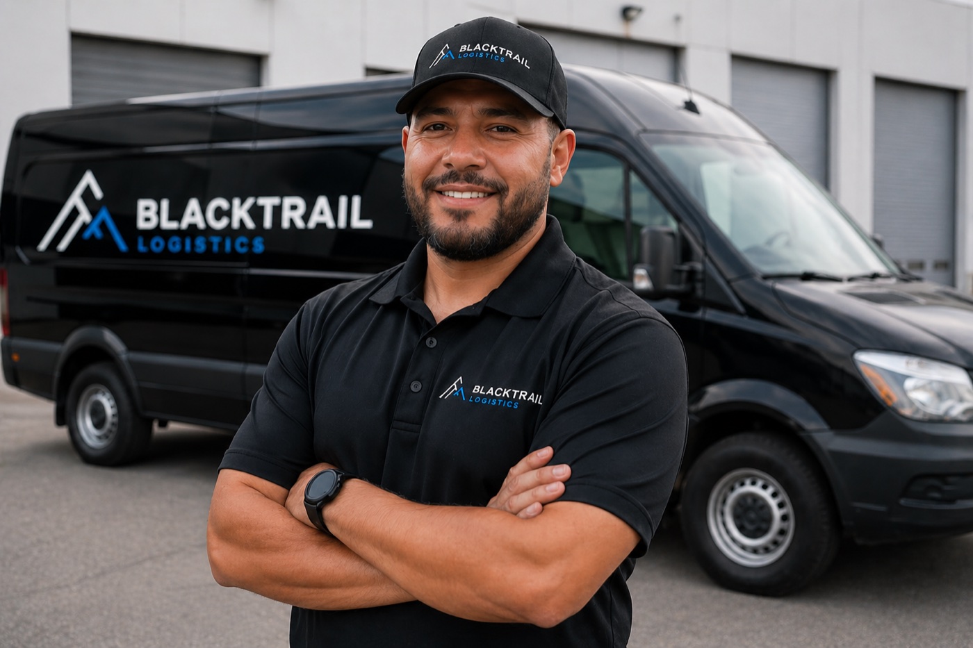 BlackTrail Logistics driver ready beside a cargo van